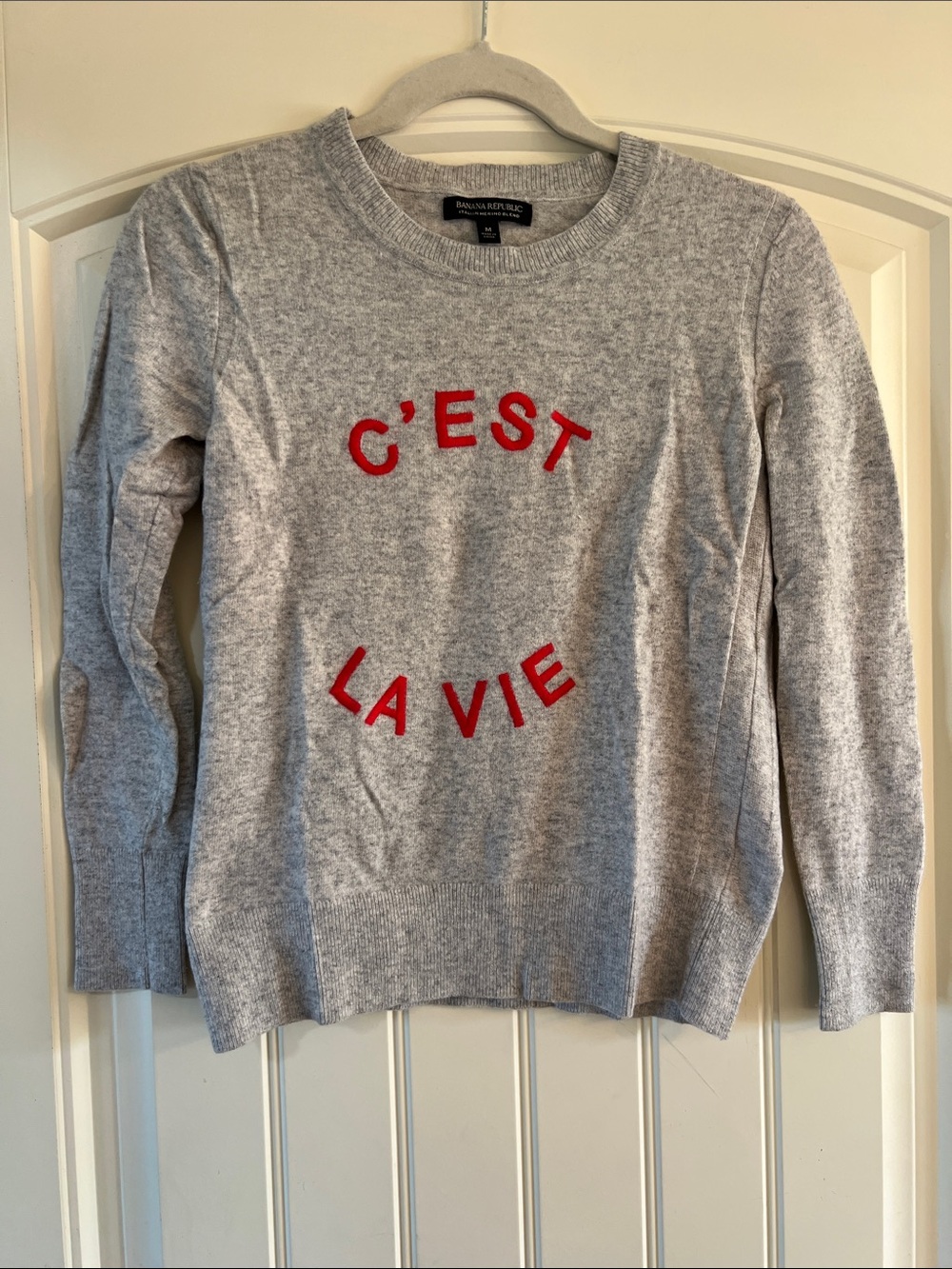 Banana Republic Merino Wool Crewneck Sweater with Red "C'EST LA VIE" Embroidery